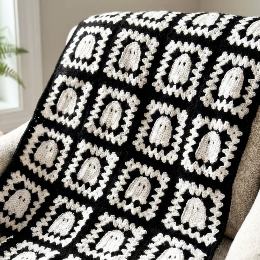 Ghost Granny Square Blanket Pattern, Easy Halloween Crochet Throw