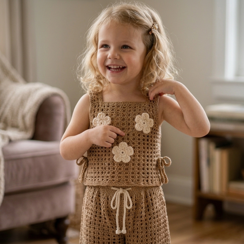 Kids Crochet Pants Set, Boho Flower Outfit Pattern