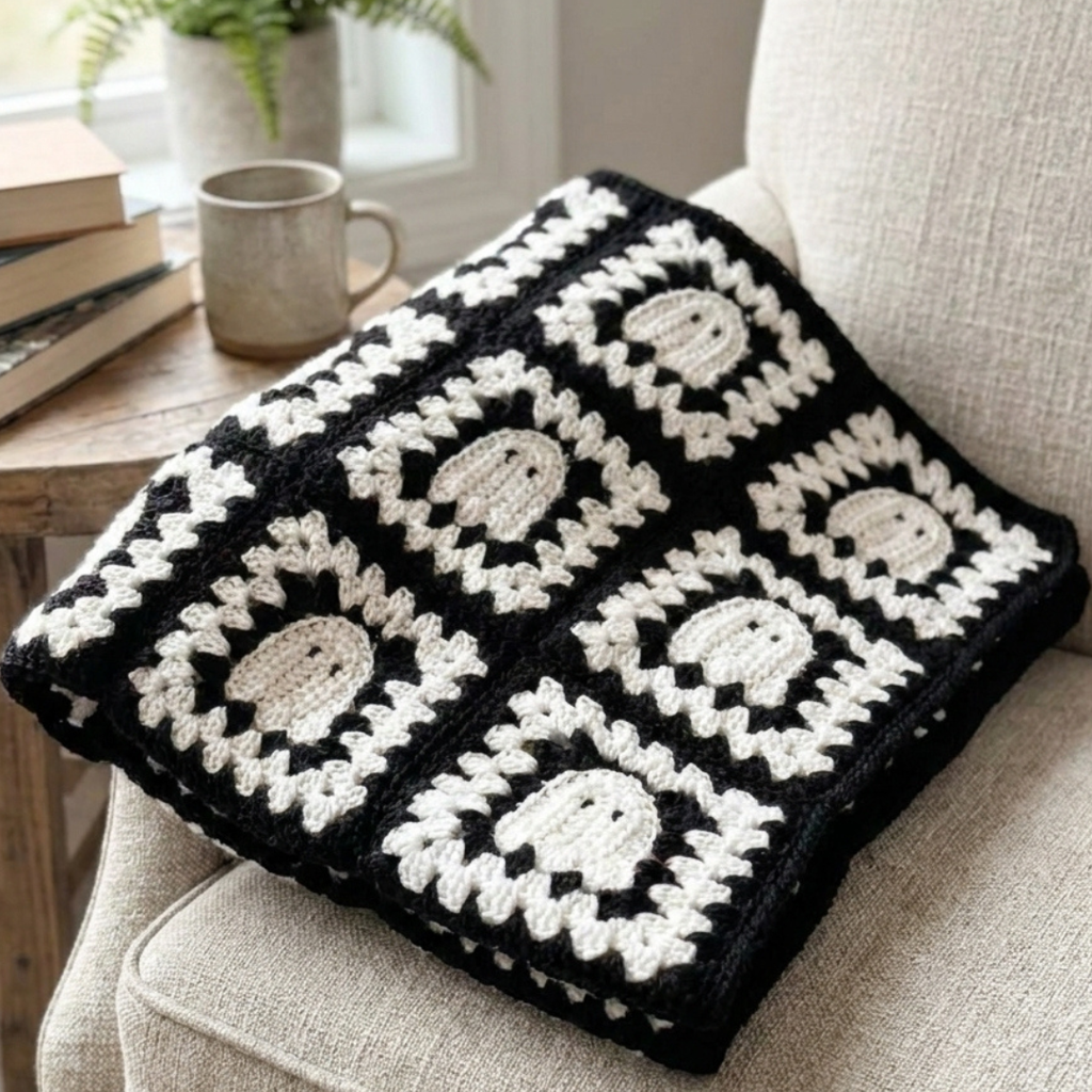Ghost Granny Square Blanket Pattern, Easy Halloween Crochet Throw