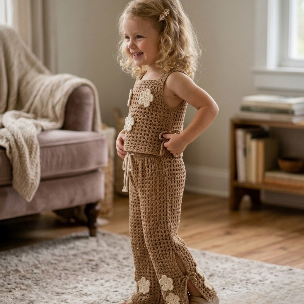 Kids Crochet Pants Set, Boho Flower Outfit Pattern